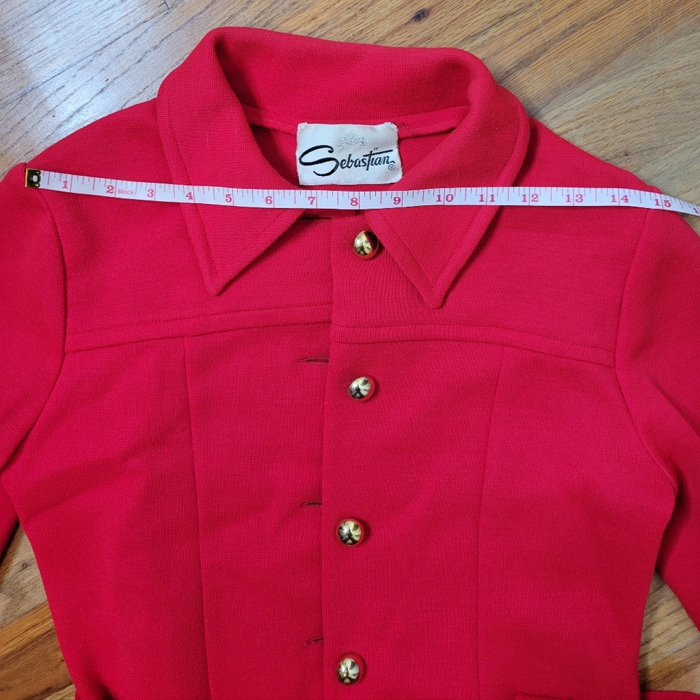 Vintage 1960s Sebastian Red Belted Jacket and Pant Suit With Gold Buttons Set - Picture 7 of 16